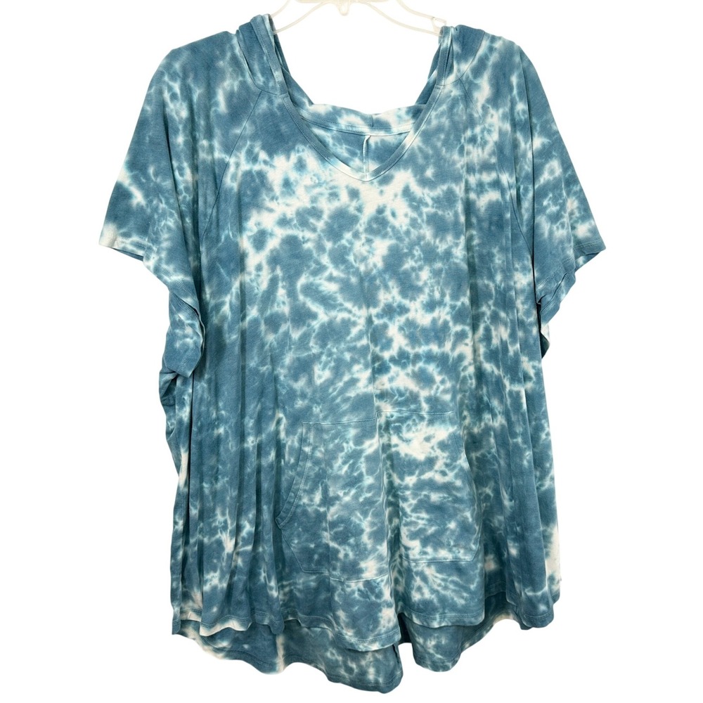 LIVI Lane Bryant Plus Size 26/28W Top Short Sleeve Hoodie Blue White Tie Dye 488